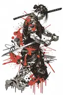 Head bent forward, behind him stands a katana from which blood flows tattoo design idea