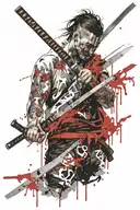 Head bent forward, behind him stands a katana from which blood flows tattoo design idea