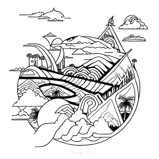 A surrealistic depiction of Trinidad and Tobago's landscape infused with elements from the Kingdom Hearts universe tattoo design idea