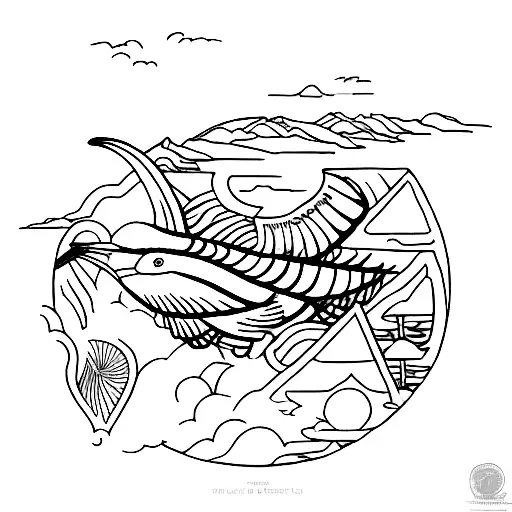 A surrealistic depiction of Trinidad and Tobago's landscape, with a scarlet ibis bird, and a lotus flower tattoo design idea