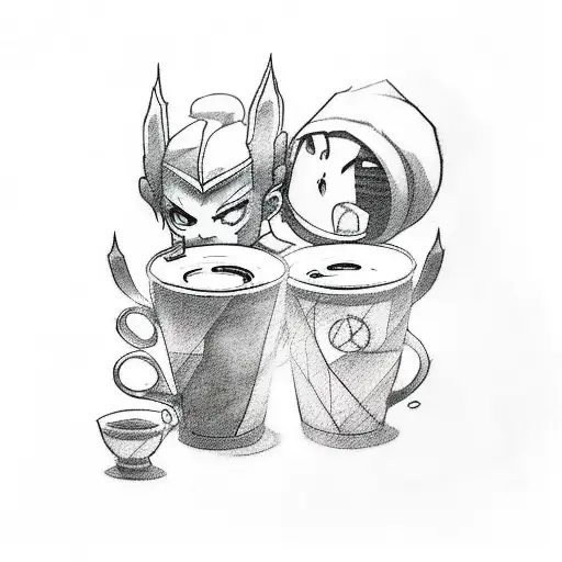 A tattoo of Ekko and Jinx in a sleep-deprived state, surrounded by coffee cups and anime characters tattoo design idea