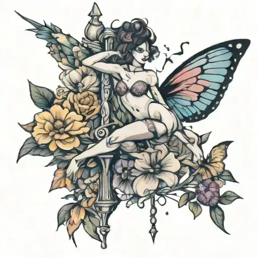 pole dancer surrounded, flowers, butterfly and bird tattoo design idea