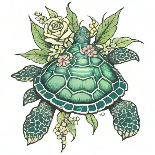 sea turtle with August birth flower tattoo design idea