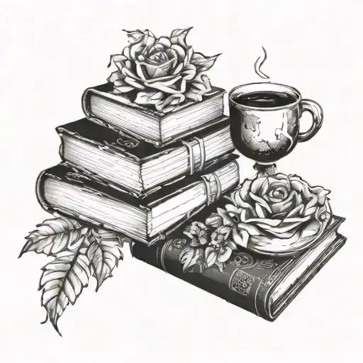 A stack of books with a glass of wine and a cup of coffee intertwined, surrounded by delicate fineline floral designs tattoo design idea