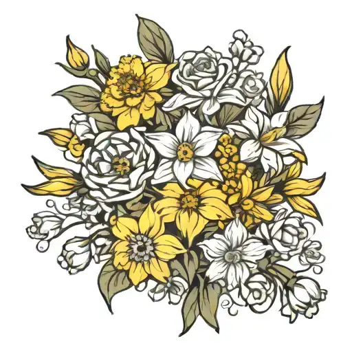 daffodil, rose, chrysanthemum, narcissus, aster, gladiolus flower bouquet  tattoo design idea