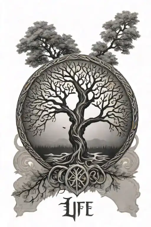 Tree of life tree, semicolon as a sign, Nordic Rune warrior strength will patience tattoo design idea