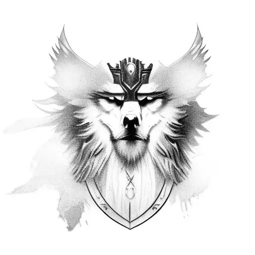 Play the God Odin with characteristic eyes, long beard and white hair. below make 2 ravens and above his head, 2 wolves. tattoo design idea