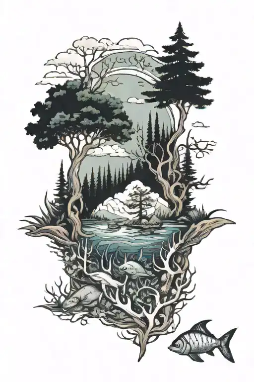 arm sleeve going from forest scene to ocean with marine life  tattoo design idea