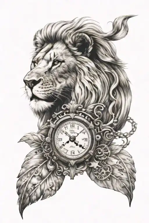 head of an lion, at the bottom of the image of a lion is a vintage watch inscribed in the mane of a lion tattoo design idea