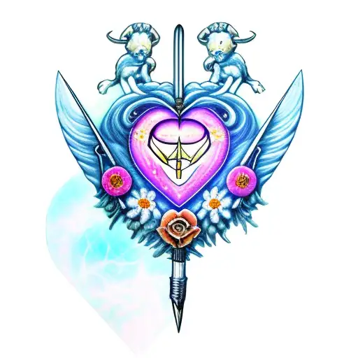 Taurus, Aries, heart flower sword, constellation  tattoo design idea