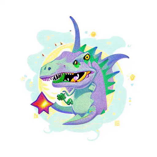 cute dinosaur carrying sword, flower, sun, moon, stars tattoo design idea