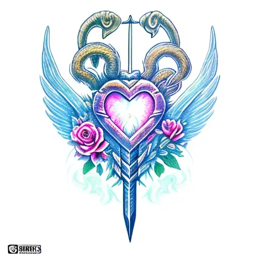 Aries ram, heart flower sword tattoo design idea