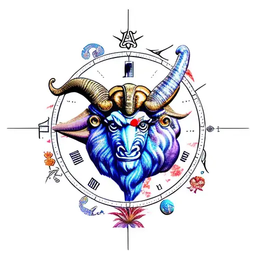 Aries ram, flowers birds stars zodiac swords dinosaurs compasses tattoo design idea