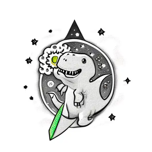 cute dinosaur carrying sword, flower, sun, moon, stars tattoo design idea