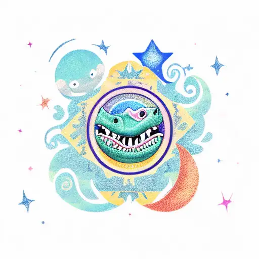 cute dinosaur, compass with flowers stars moon and sun  tattoo design idea