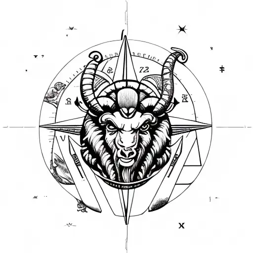 Aries ram, flowers birds stars zodiac swords dinosaurs compasses tattoo design idea
