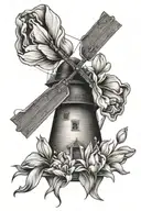 A windmill with tulips in front tattoo design idea