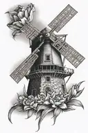 A windmill with tulips in front tattoo design idea
