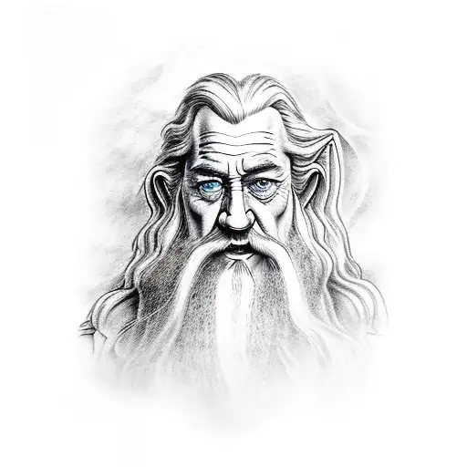 A realistic depiction of Gandalf from Lord of the Rings holding a dumbbell and flexing his muscles tattoo design idea
