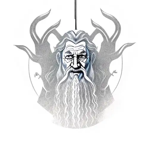 A realistic depiction of Gandalf from Lord of the Rings holding a dumbbell and flexing his muscles tattoo design idea