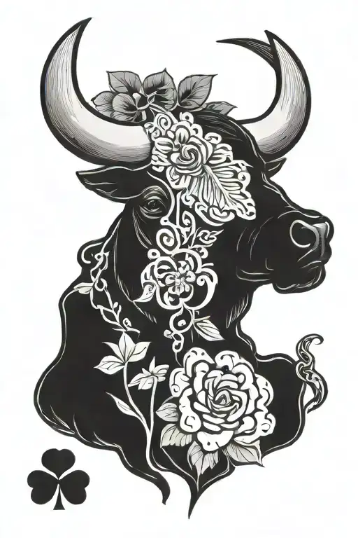 Spanish bull head with irish style shamrock and irish trybal symbols with money tattoo design idea