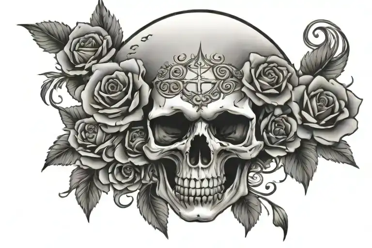 skull blended with roses, crosses, sun and moon tattoo design idea