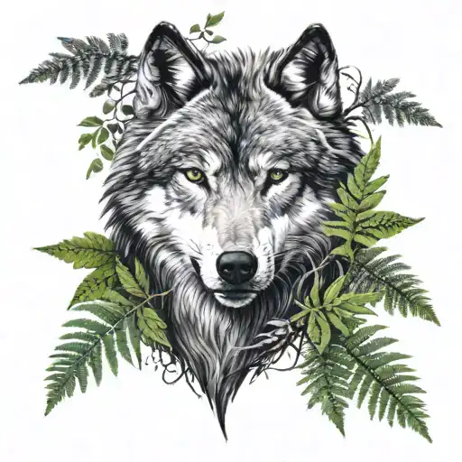 for a half sleeve tattoo include half a wolf face, half a bear face, cedar tree, fern and bull kelp tattoo design idea