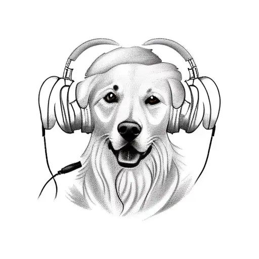 Create a tattoo design featuring a white golden retriever listening to music with headphones, symbolizing the client's love for music and their pet tattoo design idea