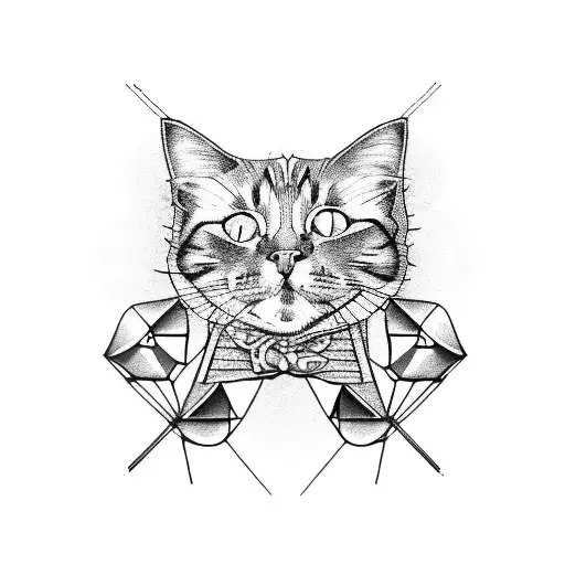 A mystical cat and dog performing circus tricks on a stage made of geometric patterns tattoo design idea