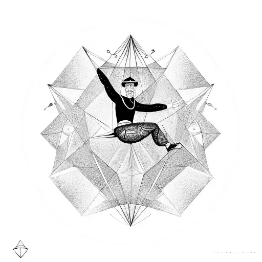 A contortionist performing in a circus ring surrounded by geometric shapes tattoo design idea