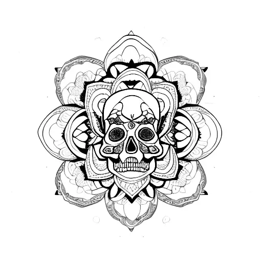 peony mandala skull tattoo design idea