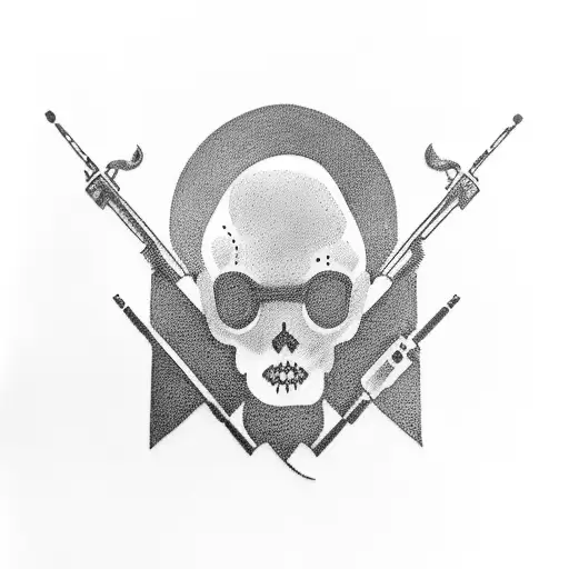 tattoo design, one boy in the street with a rifle, townhouses on the right and left tattoo design idea