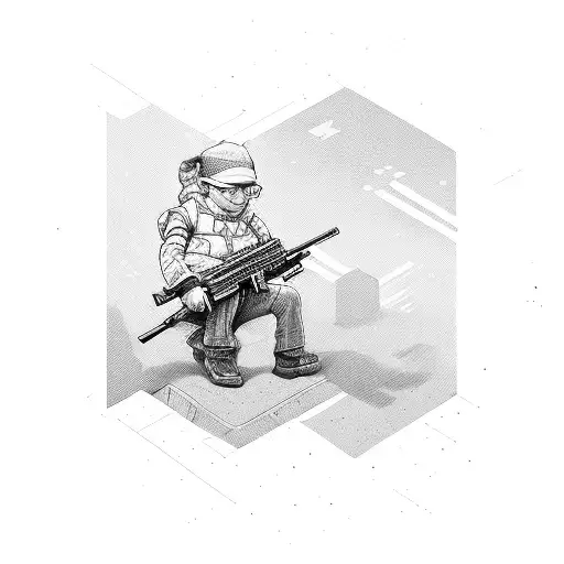 boy on the street with a rifle, townhouses on the right and left tattoo design idea