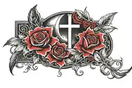 Empty Graveyard. Distant. Dark. Everything Black and white except for Blood Lillys around the outer edge tattoo design idea