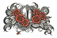 Empty Graveyard. Distant. Dark. Everything Black and white except for Blood Lillys around the outer edge tattoo design idea