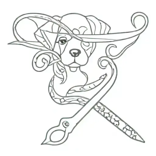 Design a pair of scissors cutting a ribbon with a paw print pattern, blending the client's passion for crafting and their favorite animal, the dog tattoo design idea