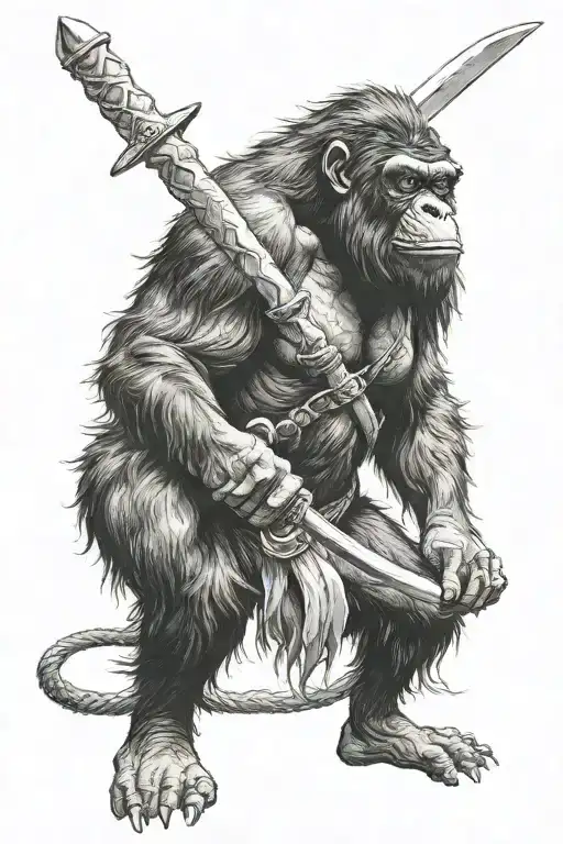 big black hairy ape holding a sword tattoo design idea