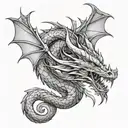 Create a tattoo featuring a dragon in a dramatic black-grey style with subtle anime influences tattoo design idea
