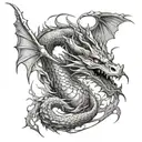 Create a tattoo featuring a dragon in a dramatic black-grey style with subtle anime influences tattoo design idea