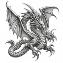 Create a tattoo featuring a dragon in a dramatic black-grey style with subtle anime influences tattoo design idea