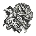 A neotribal design featuring a silhouette of a T-Rex skull with intricate geometric patterns tattoo design idea