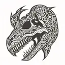 A neotribal design featuring a silhouette of a T-Rex skull with intricate geometric patterns tattoo design idea