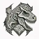 A neotribal design featuring a silhouette of a T-Rex skull with intricate geometric patterns tattoo design idea