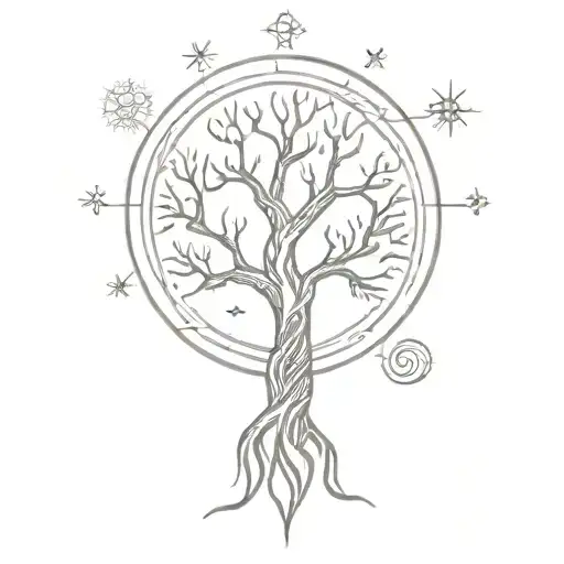 Tree of life Yggdrasil, above its top there is a drawing in the form of a runic compass tattoo design idea