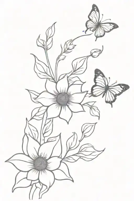 sunflowers and bleeding hearts with butterflies fluttering tattoo design idea