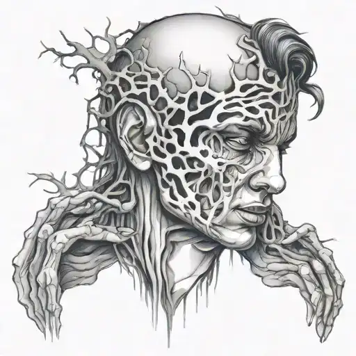 Create a tattoo design depicting a person destroyed by life, trying to break free from inside a human body. The body is  tattoo design idea