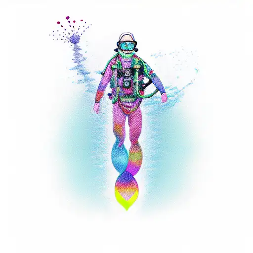 A scuba diver floating in a psychedlic world signifying self-discovery tattoo design idea