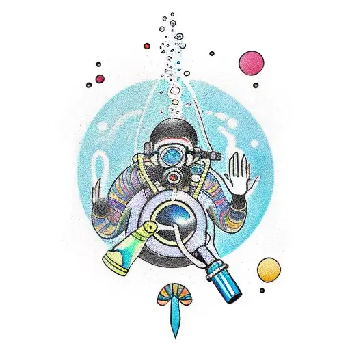A scuba diver floating in a psychedlic world signifying self-discovery tattoo design idea