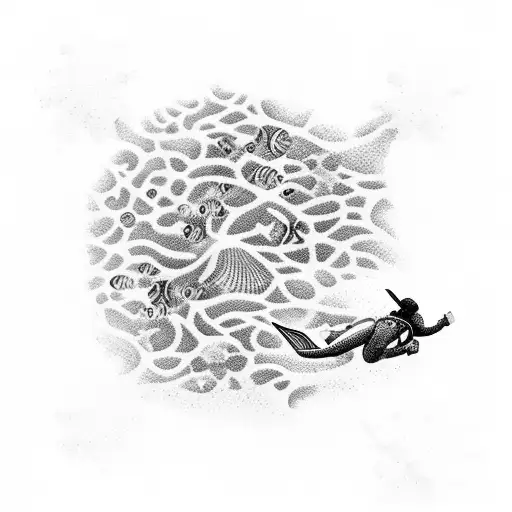 A scuba diver exploring a coral reef with a hidden message in the waves, symbolizing self-discovery and freedom tattoo design idea