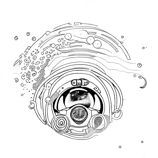 A scuba diver floating in a cosmic psychedlic world signifying self-discovery inspired by pink floyd tattoo design idea